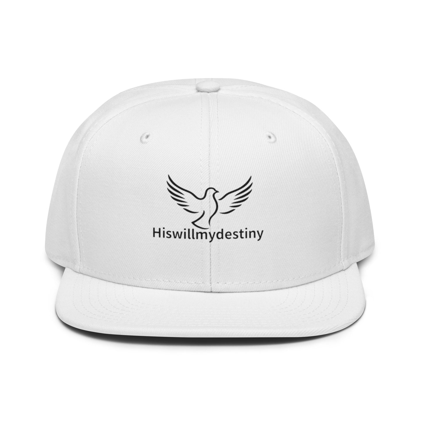 White Christian snapback hat with Hiswillmydestiny dove logo, faith-based headwear. 