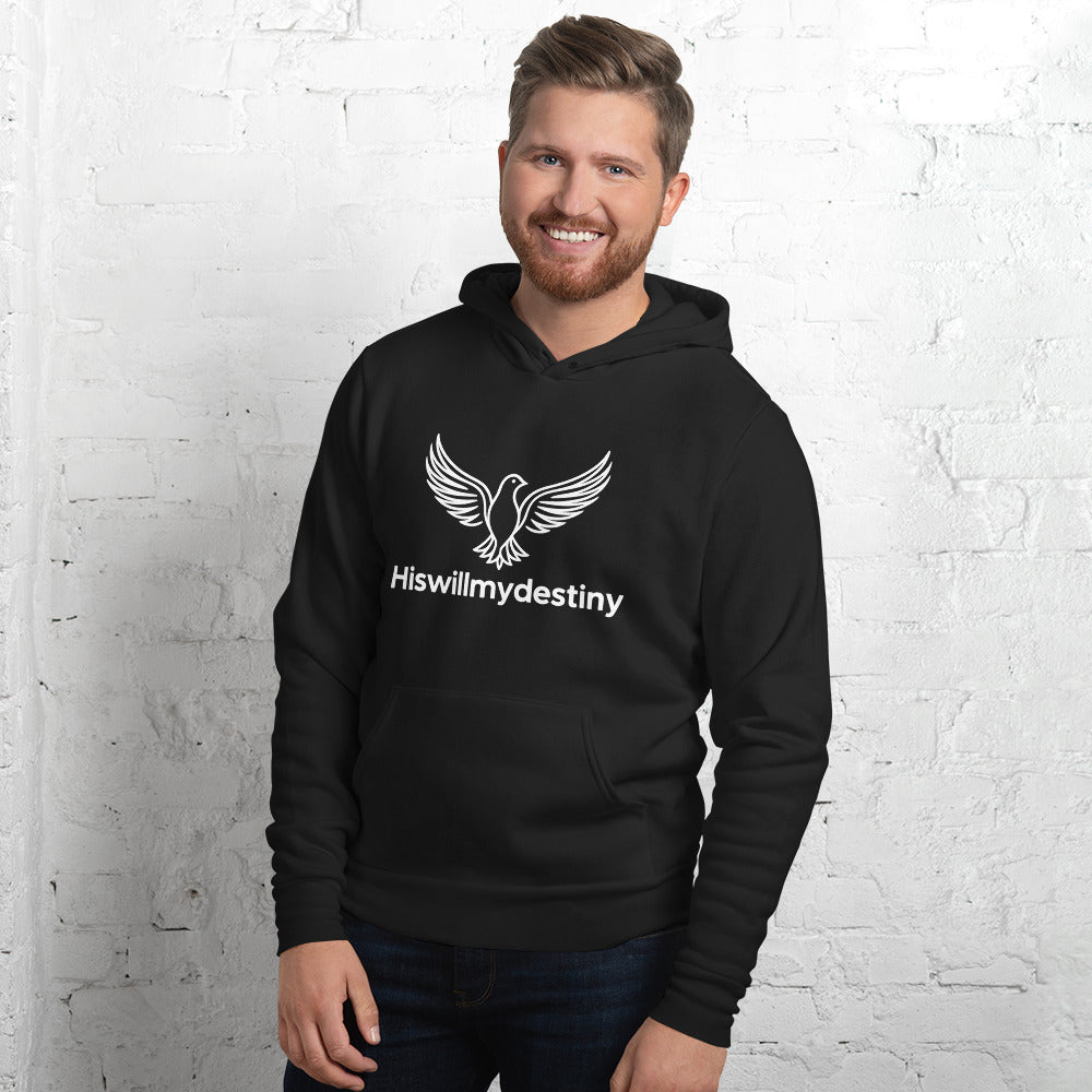 Black Christian hoodie with Hiswillmydestiny dove logo, faith-based apparel.
