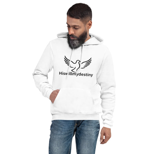 White Christian Hoodie with Hiswillmydestiny dove logo, faith-based apparel.