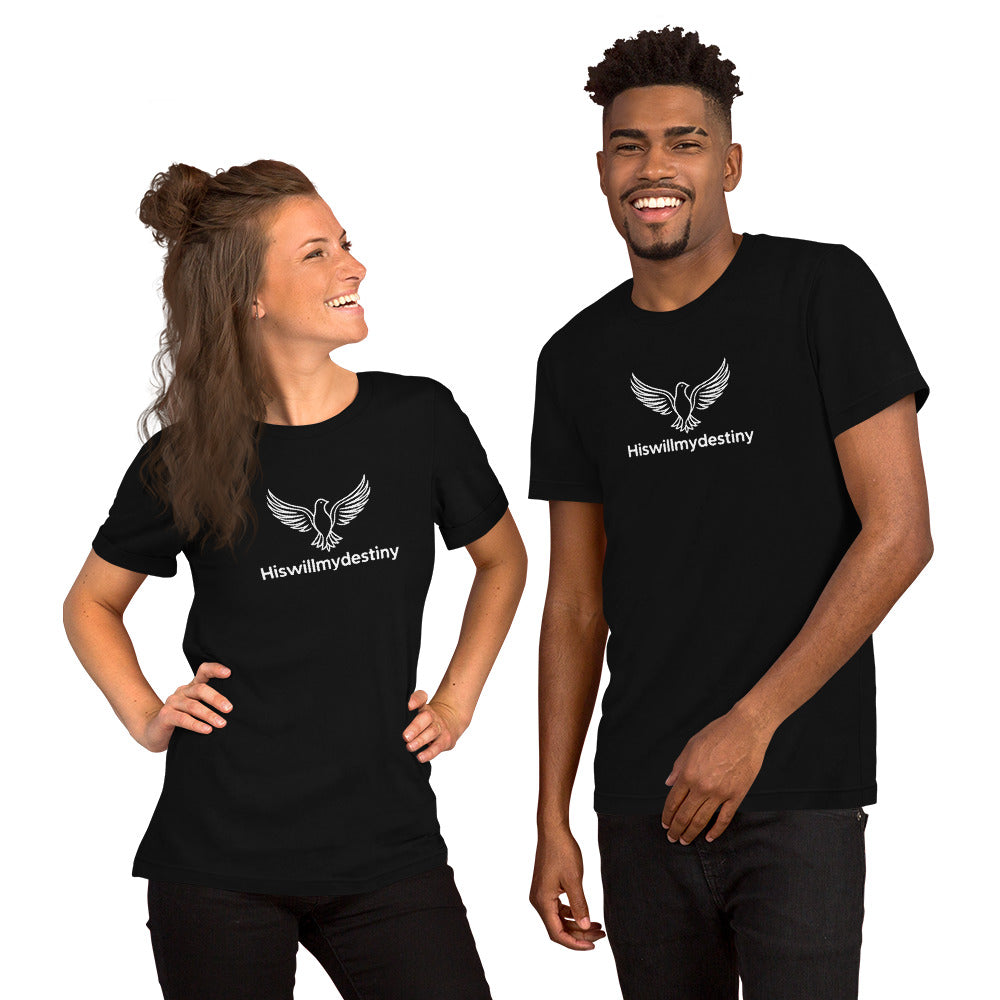 Black Christian unisex T-Shirt with the Hiswillmydestiny dove logo symbolizing peace, hope, and God's plan.