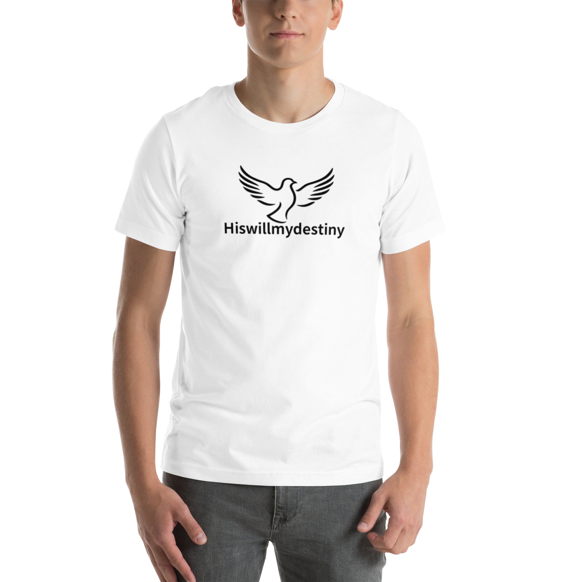 White Christian Faith-based t-shirt with the Hiswillmydestiny dove logo symbolizing peace, hope, and God's plan.