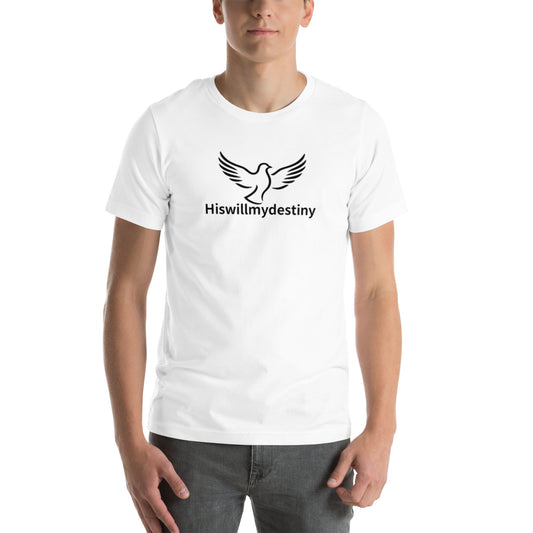White Christian Faith-based t-shirt with the Hiswillmydestiny dove logo symbolizing peace, hope, and God's plan.